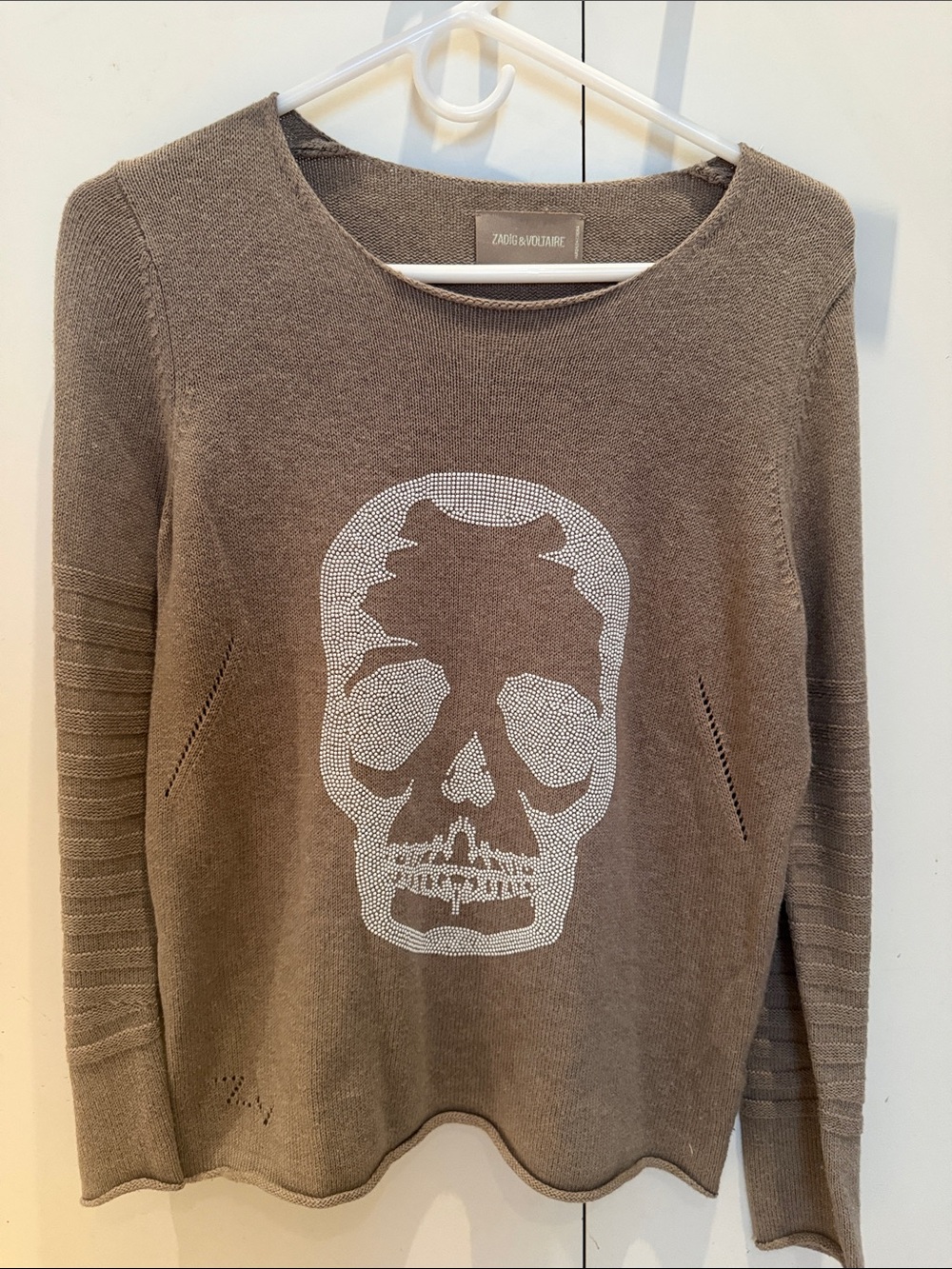 Zadig & Voltaire Taupe Crewneck Sweater with Rhinestone Skull